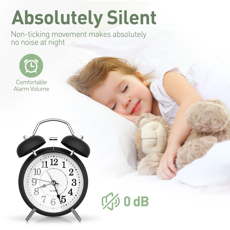 Twin Bell Alarm Clock 6 Inch – Rechargeable Silent Tick Battery Powered for Heavy Sleepers