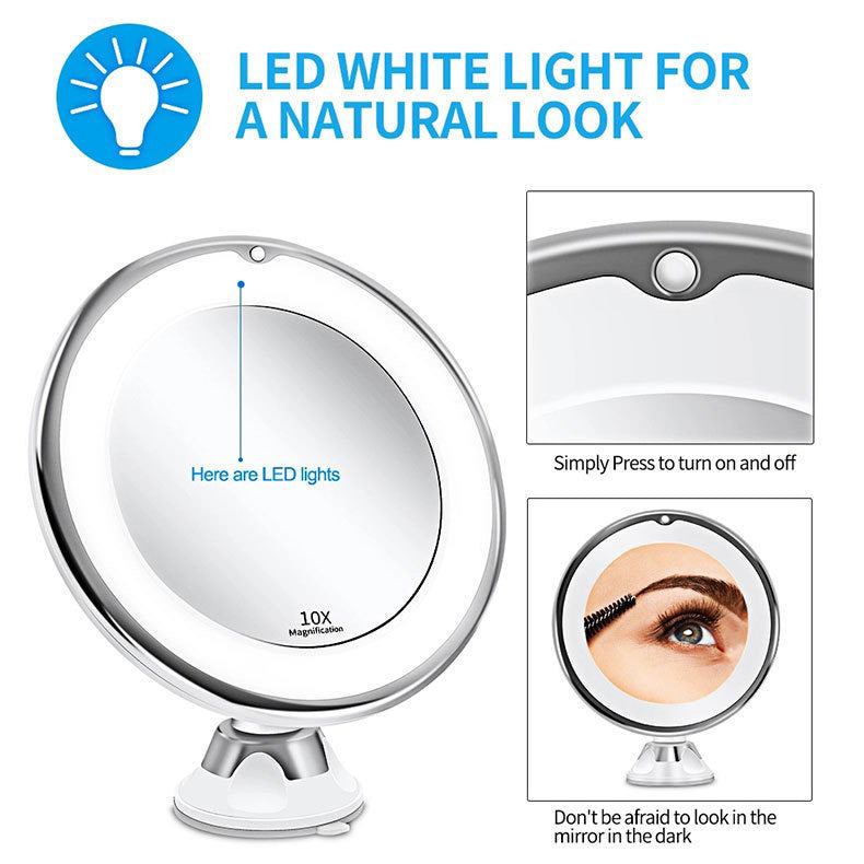 LED Makeup Vanity Mirror with 10x Magnification – Light Button Strong Suction Cup for Home & Travel