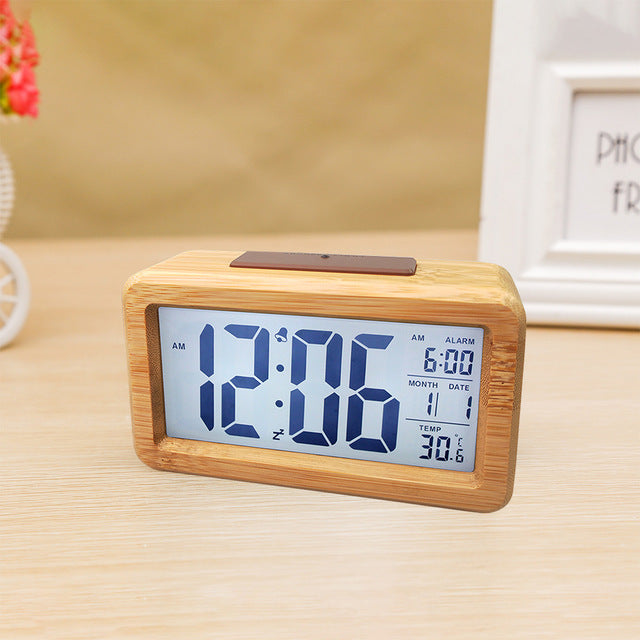 Luxury Bamboo Alarm Clock – Date Temp Alarm & Snooze Function