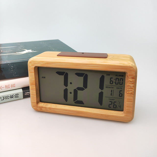 Luxury Bamboo Alarm Clock – Date Temp Alarm & Snooze Function