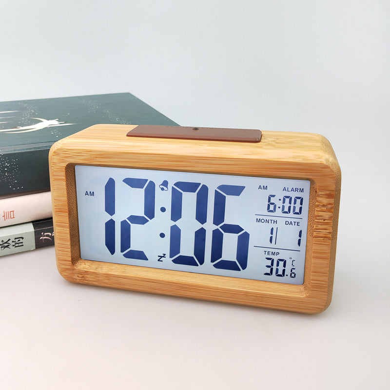 Luxury Bamboo Alarm Clock – Date Temp Alarm & Snooze Function