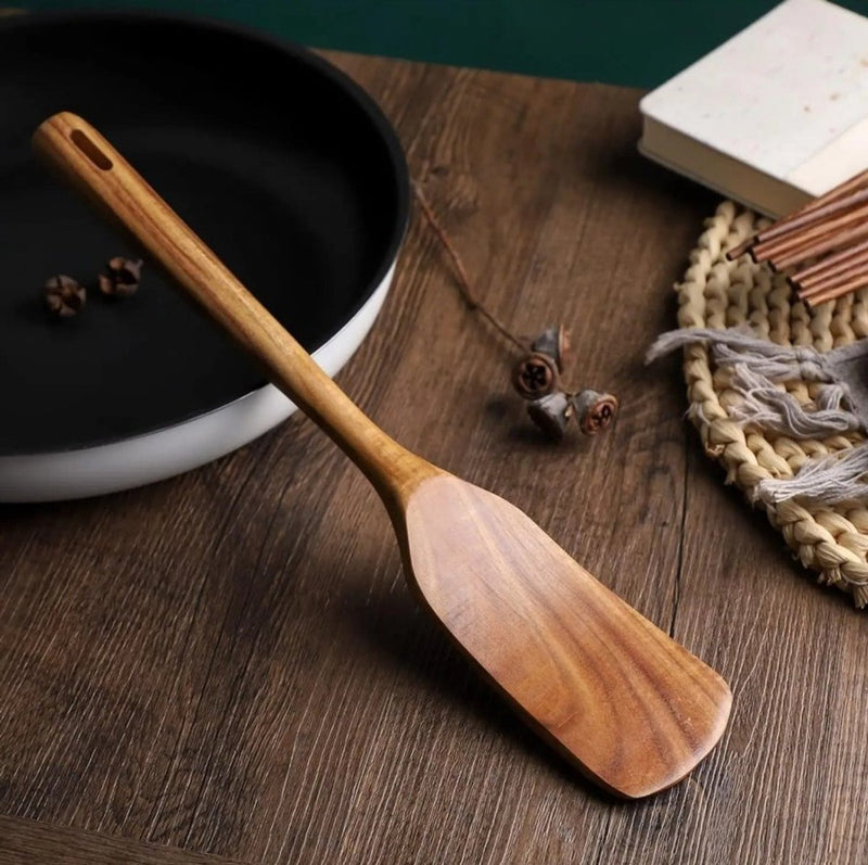 Wooden Spatula Set – 2-Piece Teak Cooking Utensils Slotted & Flat Turners