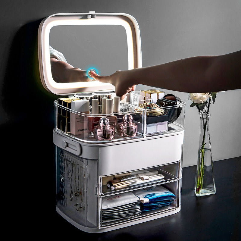Multi Layer LED Makeup Organiser – Drawer Vanity Organiser for Cosmetics & Skincare with Mirror