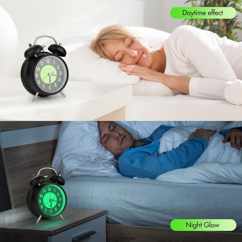 Twin Bell Alarm Clock 4 Inch – Rechargeable Luminous Retro Silent with Backlight