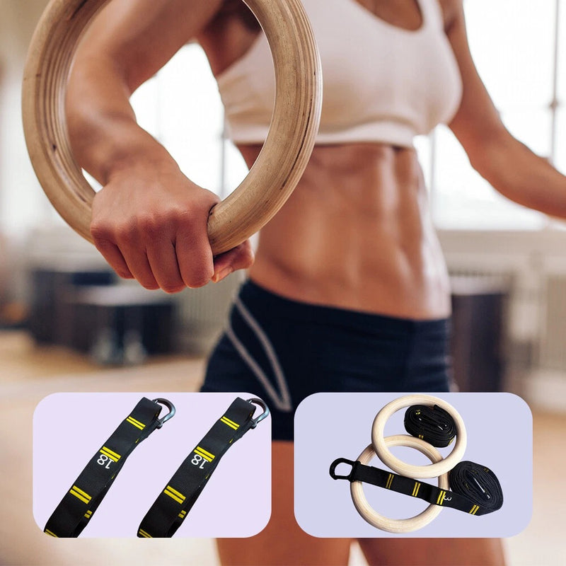 Wooden Gymnastic Rings with Adjustable Straps – Olympic-Grade Strength Training Equipment