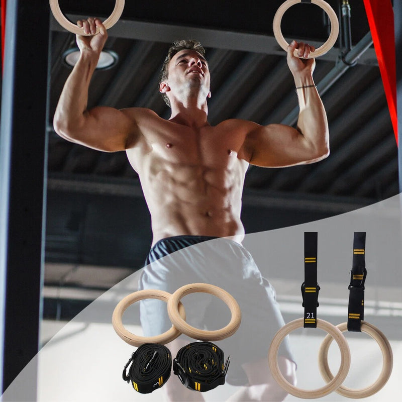 Wooden Gymnastic Rings with Adjustable Straps – Olympic-Grade Strength Training Equipment