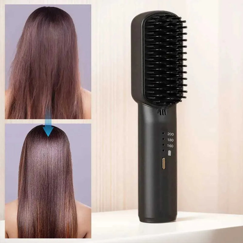 Cordless Hair Straightener Brush – Rechargeable Anti-Scald Portable Hair Straightening Comb