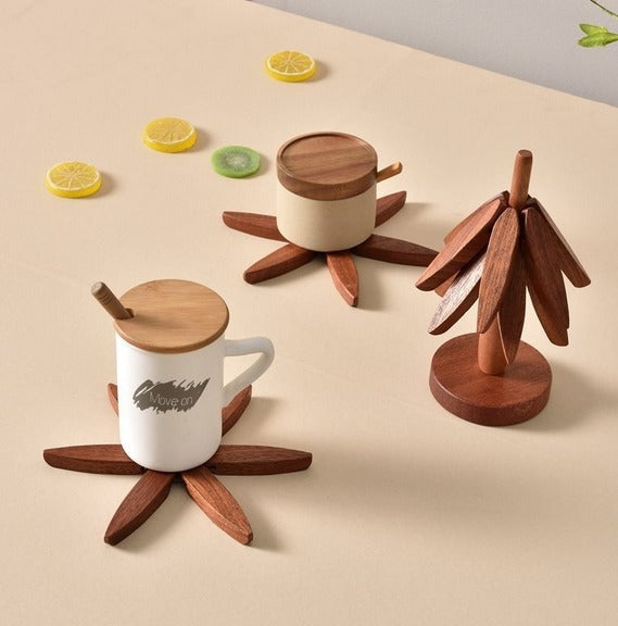 Wooden Tree Trivet Set with Stand – 3 Piece Heat-Resistant Coasters