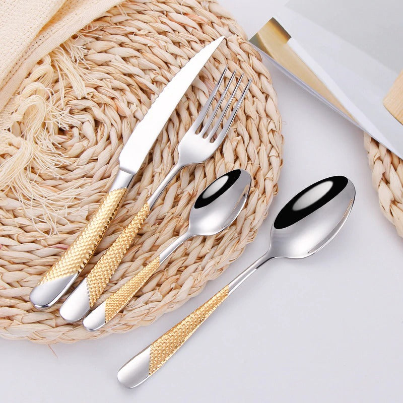 Gold Hammered Flatware 24-Piece Set – Stainless Steel Cutlery Set Includes Knives Forks & Spoons