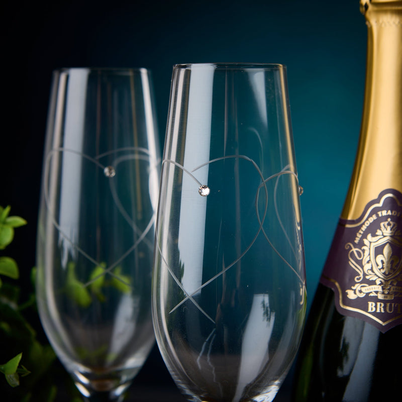 Engraved Crystal Champagne Flutes – Pack of 2 Carved Design High-Foot Glasses