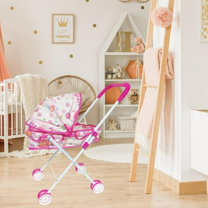 Foldable Doll Pram – Pretend Play Pushchair Toy with Lion Pattern