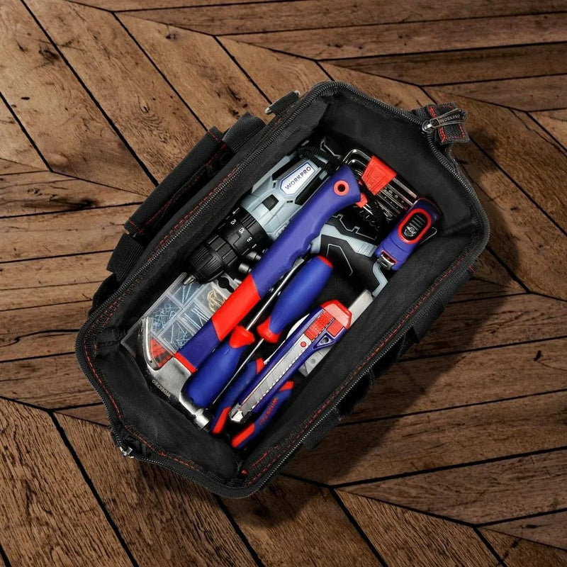 Heavy Duty Wide Mouth Tool Bag – Waterproof Multi-Compartment with Adjustable Shoulder Strap