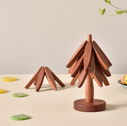 Wooden Tree Trivet Set with Stand – 3 Piece Heat-Resistant Coasters