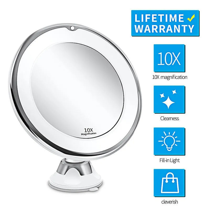 LED Makeup Vanity Mirror with 10x Magnification – Light Button Strong Suction Cup for Home & Travel