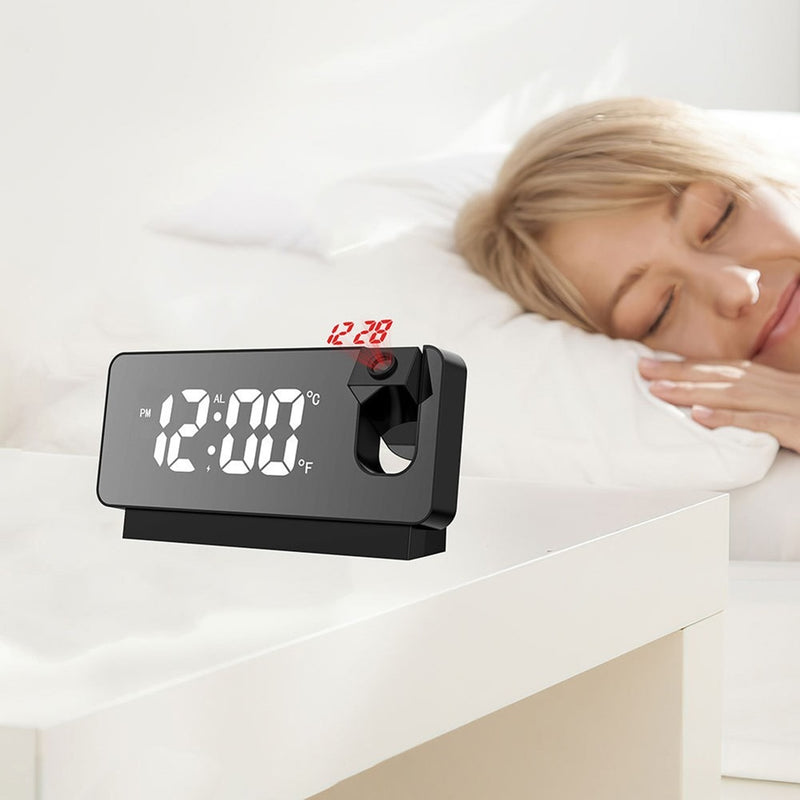 Projection Alarm Clock – LED Display 180° Projector Temp Snooze Night Mode Mains Powered