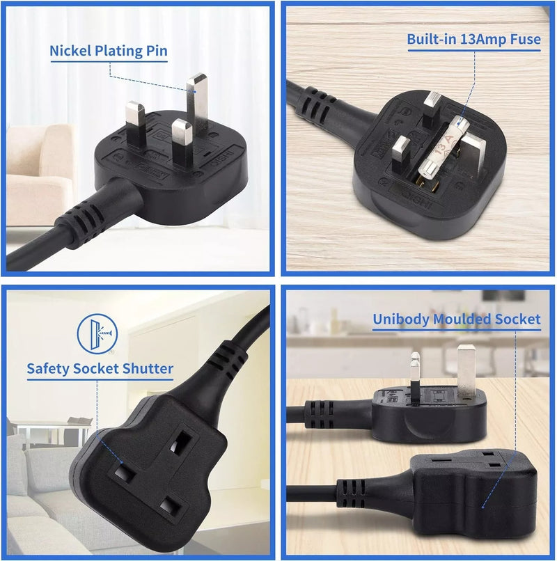 UK 3-Pin Extension Lead Power Cable – 1.8m Male to Female Plug UK Standard