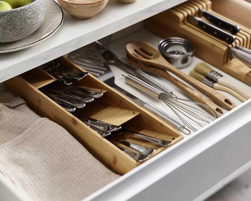 Compact Bamboo Cutlery Tray Organizer – 5 Compartments Holds 24+ Pieces