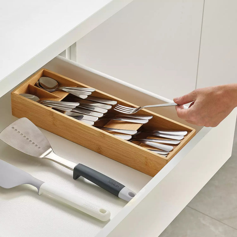 Compact Bamboo Cutlery Tray Organizer – 5 Compartments Holds 24+ Pieces