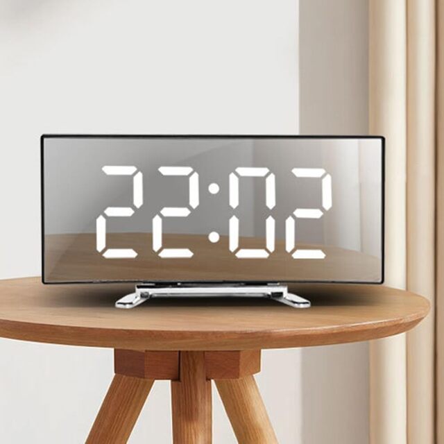 Digital Mirror Alarm Clock – LED Display USB Charging Snooze 12/24H Battery Backup