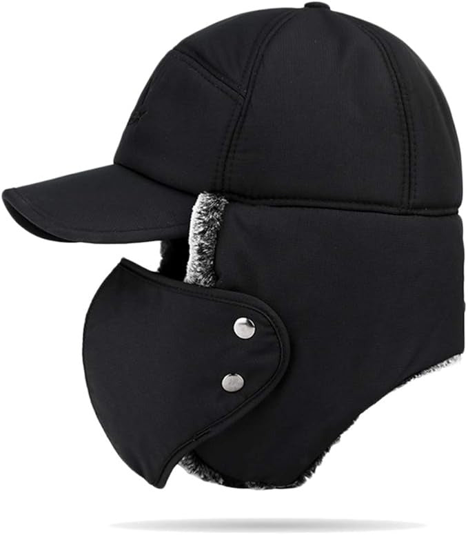 Fur Lined Winter Hat for Men – Thermal Hat with Earflaps Visor & Neck Warmer