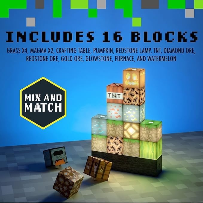 Minecraft Block Night Light – Officially Licensed 16 Rearrangeable LED Building Blocks