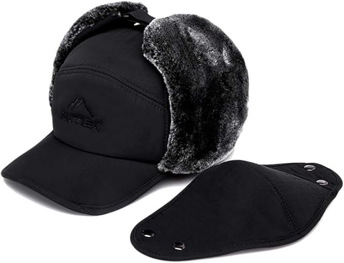 Fur Lined Winter Hat for Men – Thermal Hat with Earflaps Visor & Neck Warmer