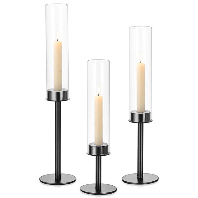 Glass Candlestick Holder Set of 3 – Modern Taper Candle Holders Table Centerpiece & Fireplace Decor