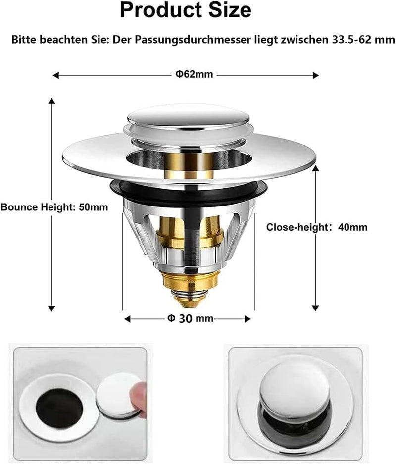 Universal Pop-Up Sink Plug 35–44mm –  Set of 3 Chrome Brass & Stainless Steel Drain Stopper