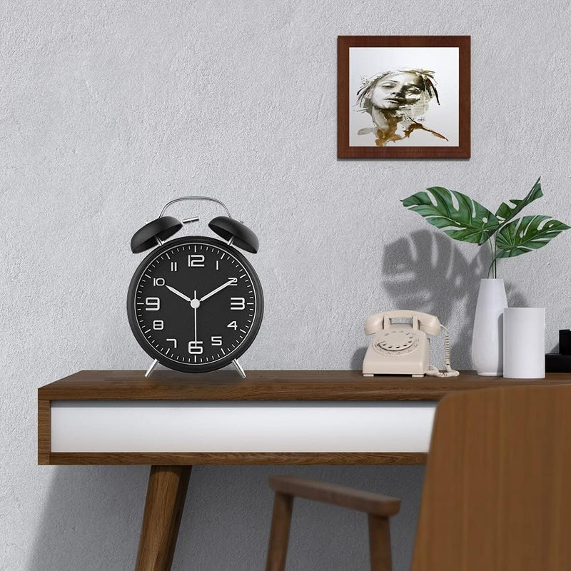 Rechargeable 4 Inch Twin Bell Analog Alarm Clock – Easy Set Luminous Stereoscopic Dial