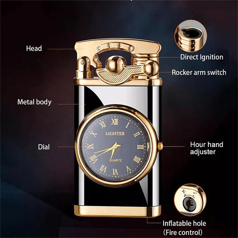 2-in-1 Pocket Lighter with Clock – Refillable Windproof Torch Sturdy Metal Build