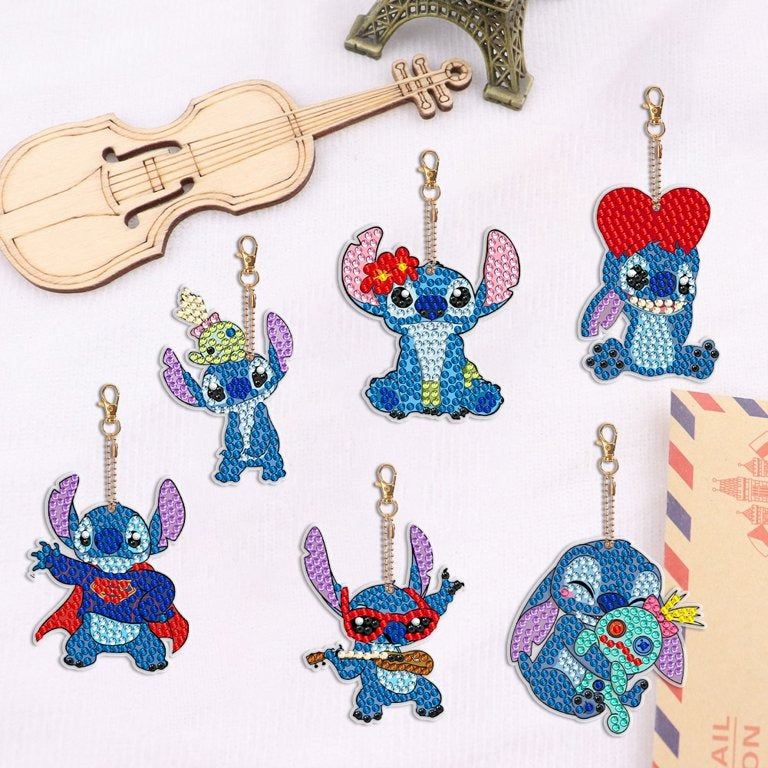 Stitch Diamond Painting Keychain Set – DIY 6-Piece Double-Sided Rhinestone Kit