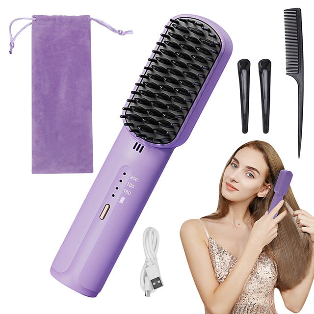 Cordless Hair Straightener Brush – Rechargeable Anti-Scald Portable Hair Straightening Comb