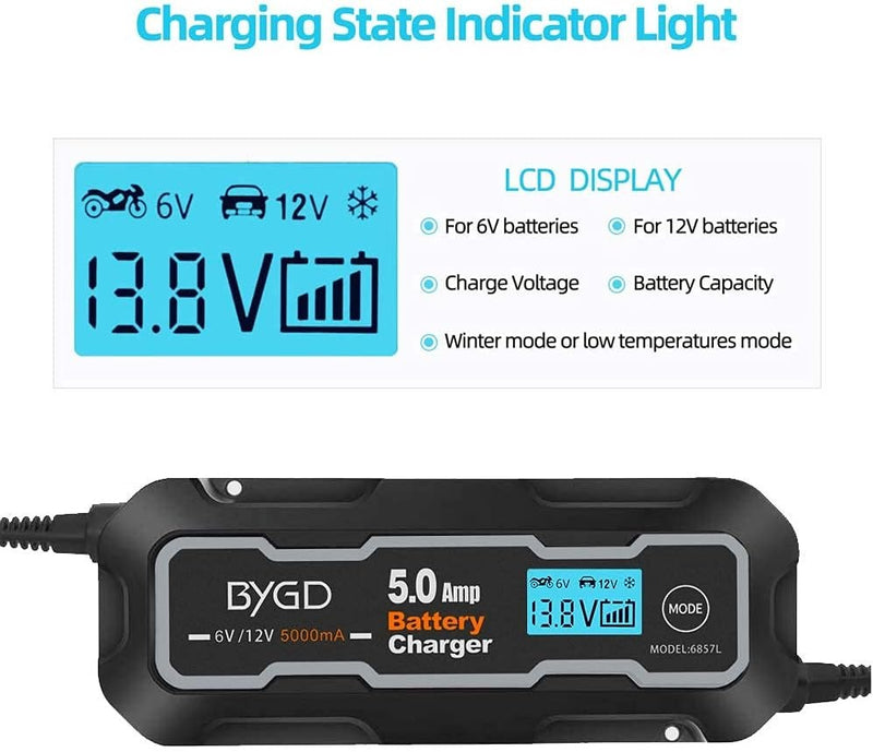 5A Smart Car Battery Charger 6V/12V – LCD Display Automatic
