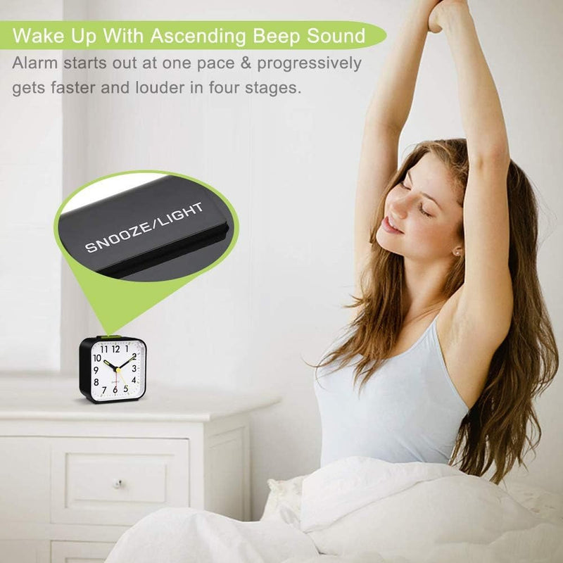Silent Sweep Square Analog Alarm Clock – Battery Powered Non-Ticking with Snooze & Light