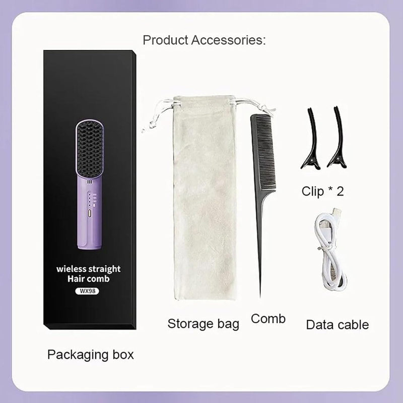 Cordless Hair Straightener Brush – Rechargeable Anti-Scald Portable Hair Straightening Comb