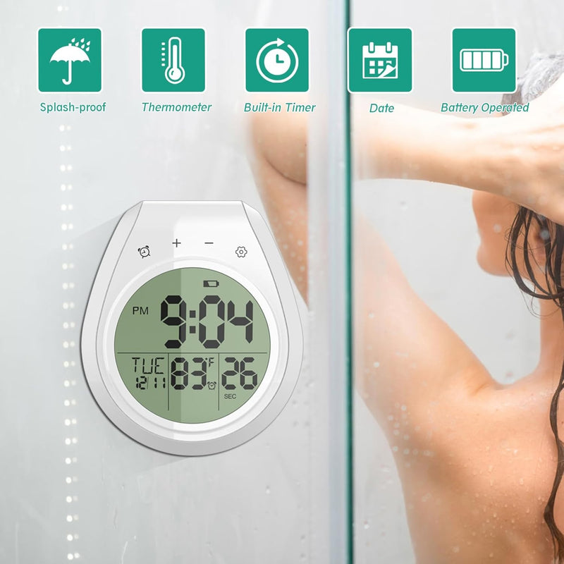 Waterproof Digital Shower Clock – LCD Display Timer Temp 12/24hr with Suction Cup