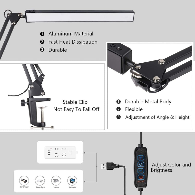LED Desk Lamp with Clamp - 3 Color Modes with 10 Brightness Levels and Adjustable Arm