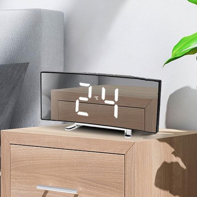 Digital Mirror Alarm Clock – LED Display USB Charging Snooze 12/24H Battery Backup