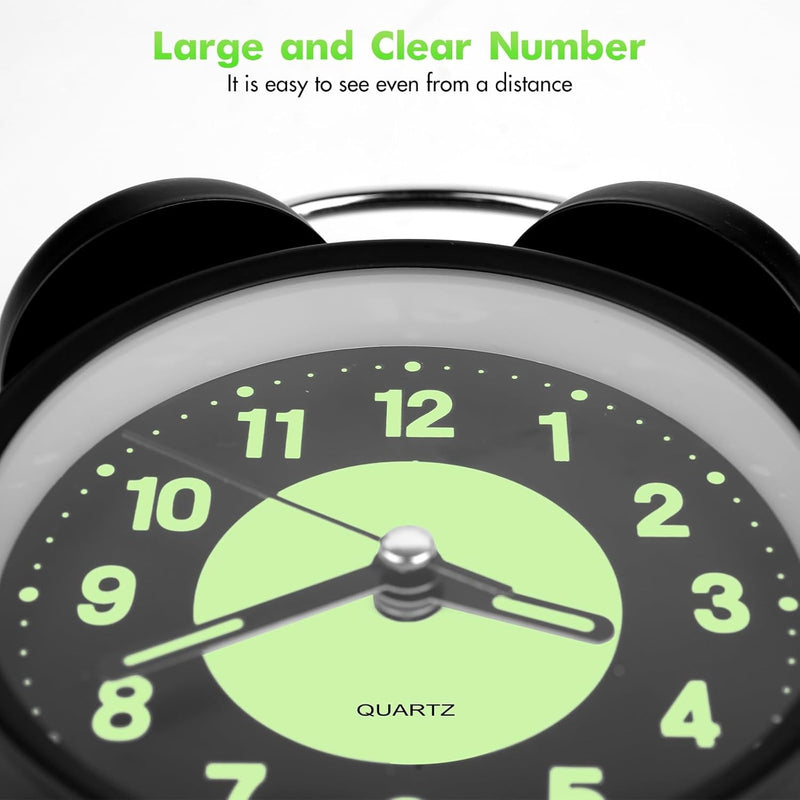 Twin Bell Alarm Clock 4 Inch – Rechargeable Luminous Retro Silent with Backlight