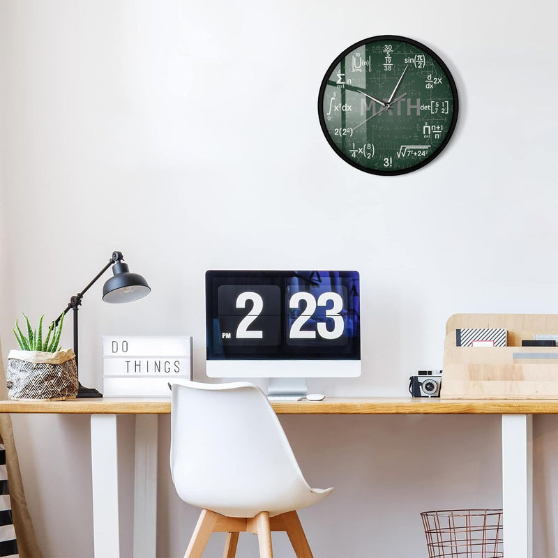 Green Math Chalkboard Wall Clock with Metal Frame – Ideal for Classrooms & Math Fans