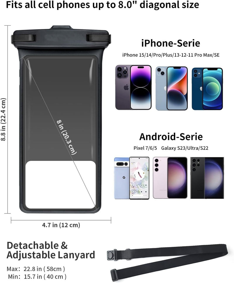 Waterproof Phone Pouch – IPX8 Case for iPhone & Samsung 8-Inch Black