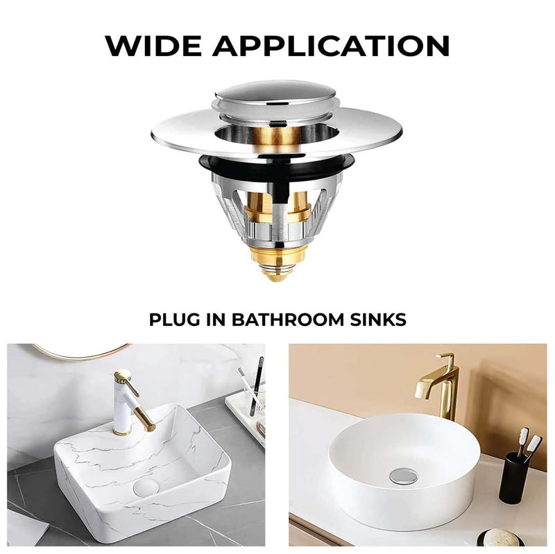 Universal Pop-Up Sink Plug 35–44mm –  Set of 3 Chrome Brass & Stainless Steel Drain Stopper