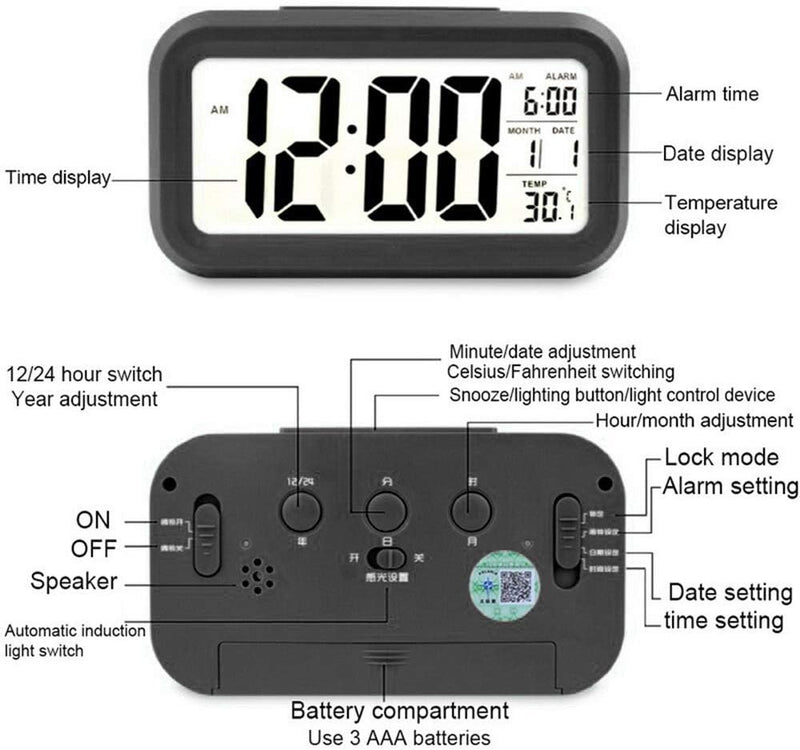 Cute Digital Alarm Clock – LCD Display with Temperature Nightlight & Snooze Perfect for Bedside Table