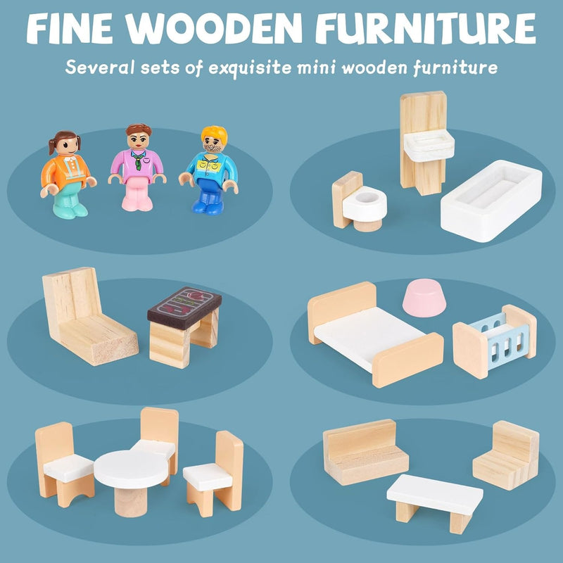 Wooden Dollhouse Villa – 3-Story Dream House with Elevator Balcony Furniture & 3 Dolls