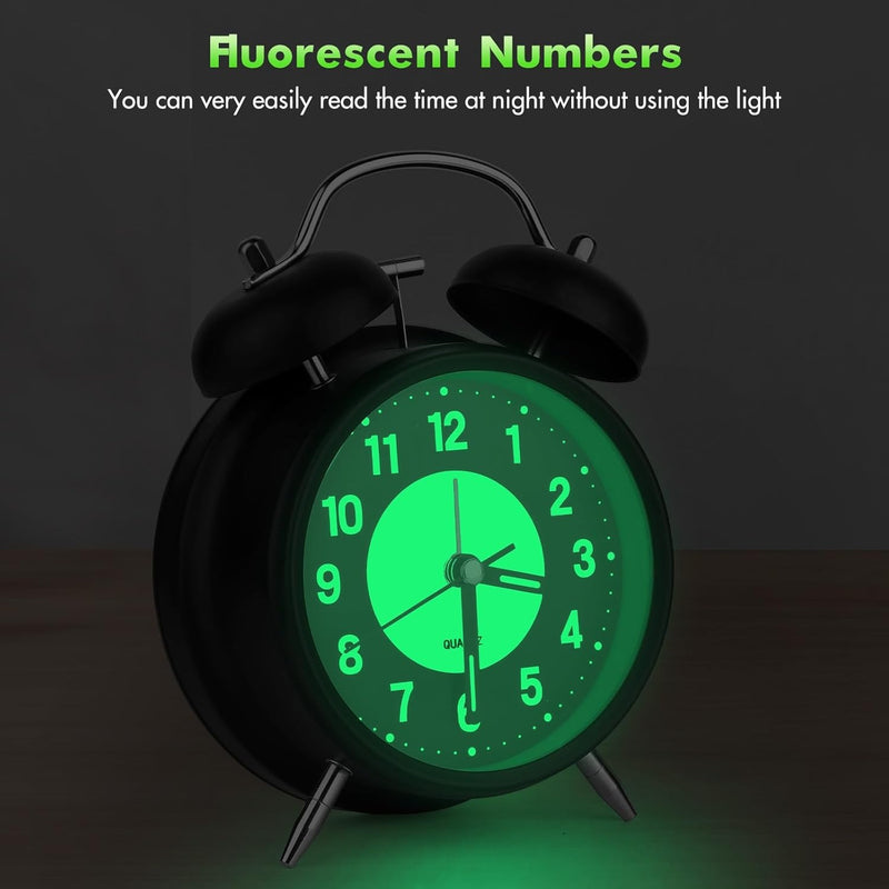 Twin Bell Alarm Clock 4 Inch – Rechargeable Luminous Retro Silent with Backlight