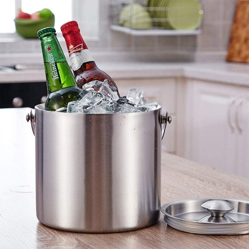 Double-Walled Stainless Steel Ice Bucket –  2L Insulated Sleek Brushed Design With Long-Lasting Chill