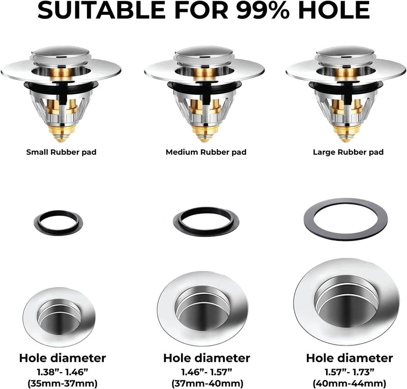 Universal Pop-Up Sink Plug 35–44mm –  Set of 3 Chrome Brass & Stainless Steel Drain Stopper