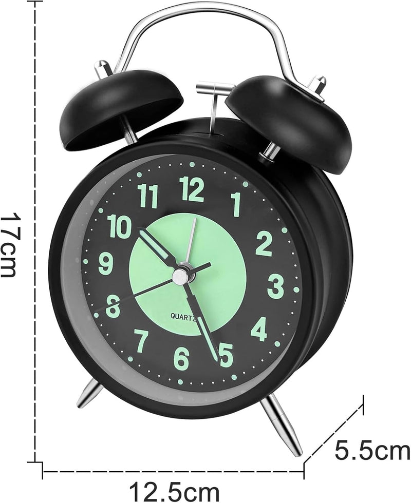 Twin Bell Alarm Clock 4 Inch – Rechargeable Luminous Retro Silent with Backlight