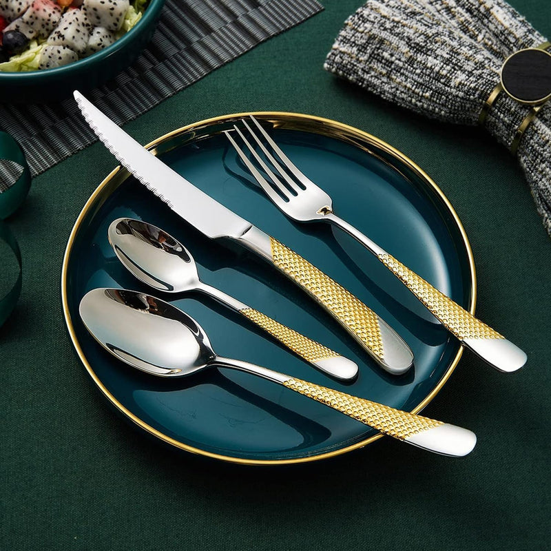 Gold Hammered Flatware 24-Piece Set – Stainless Steel Cutlery Set Includes Knives Forks & Spoons