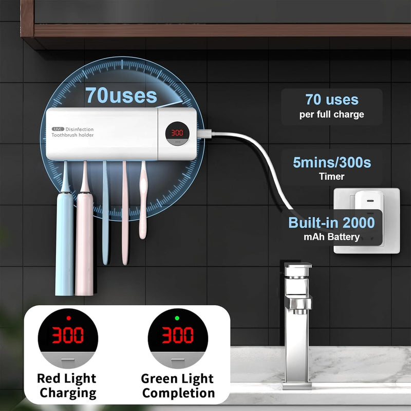 Wall-Mounted Toothbrush Holder with UV Sanitizer – Rechargeable Timer & Organizer